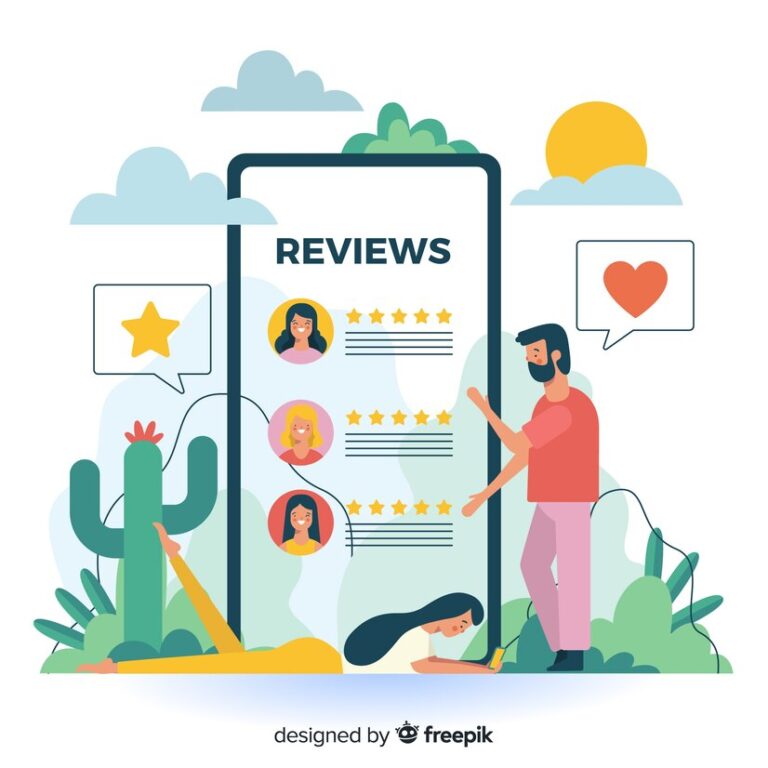 Colorful illustration of people viewing and leaving star ratings and reviews on a large mobile screen, representing user satisfaction – 99exch Review.